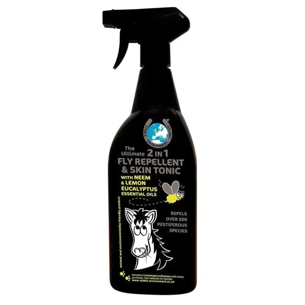 Black spray bottle of the ultimate 2 in 1 fly repellent and skin tonic with dual action spray and synergistically blended lemon eucalyptus essential oil