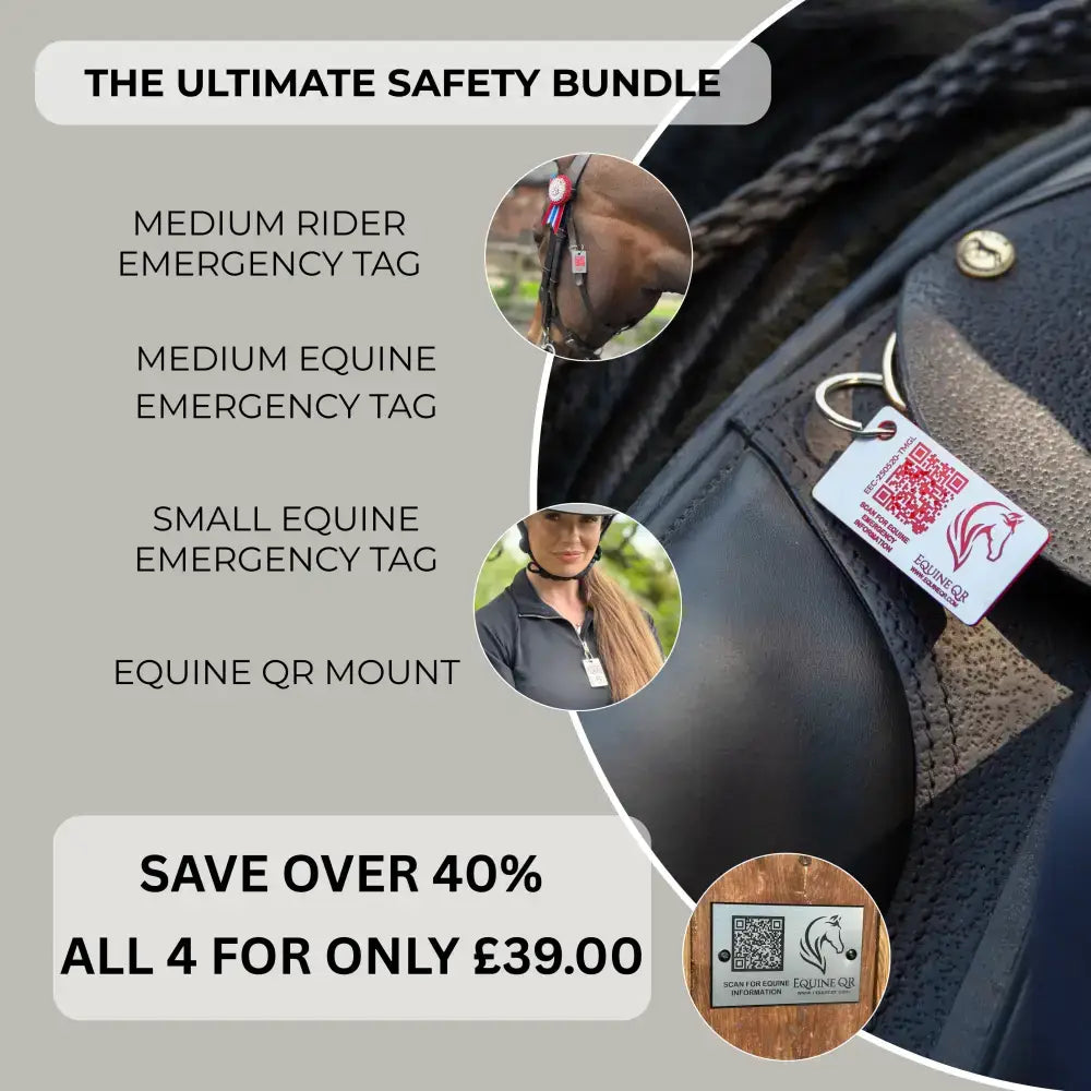 White rectangular emergency tag with red qr code and horse logo on black saddle for ultimate equestrian safety medical info