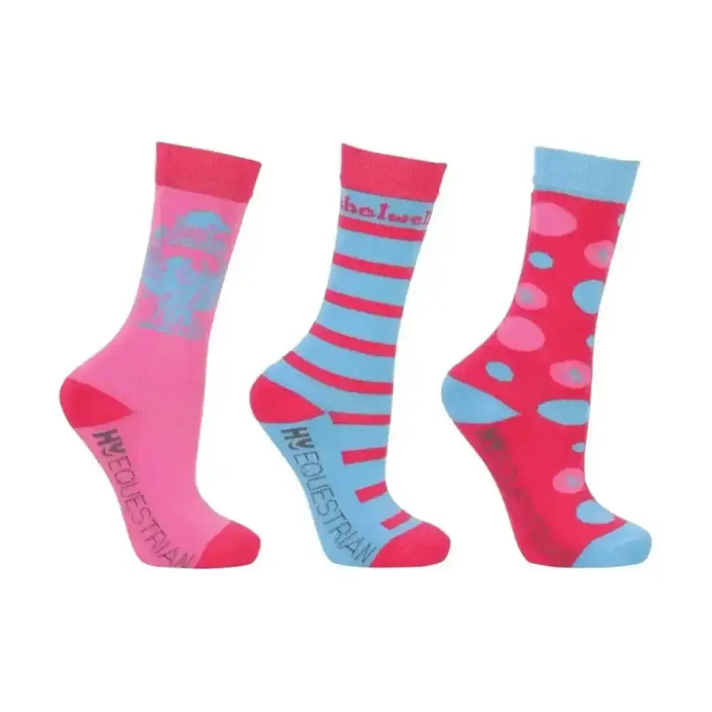 Three vibrant pink and light blue horse-themed thelwell collection children’s all rounder socks with stripes and dots