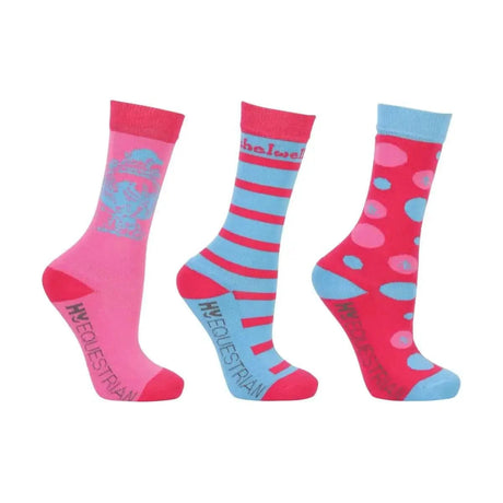 Thelwell Collection Childrens All Rounder Socks (Pack of 3) Pink/Hot Pink/Blue Childs 8-12 HY Equestrian Socks Barnstaple Equestrian Supplies
