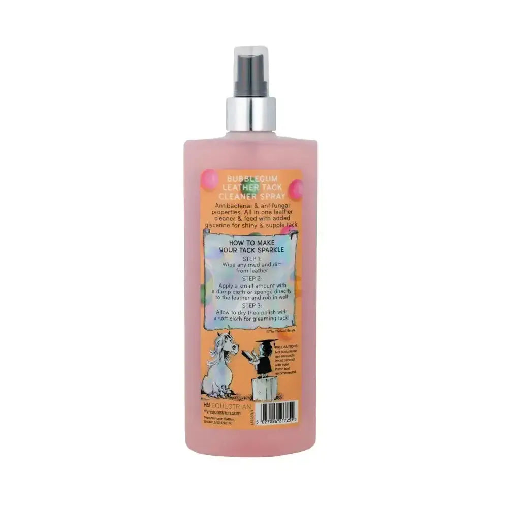 Pink plastic spray bottle with silver nozzle from thelwell grooming academy rounder tack cleaner bubblegum buddies label