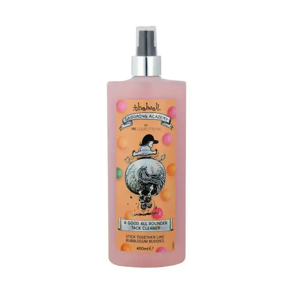 Pink 400ml thelwell grooming academy rounder tack cleaner spray bottle with cartoon bubblegum buddies label by hy equestrian