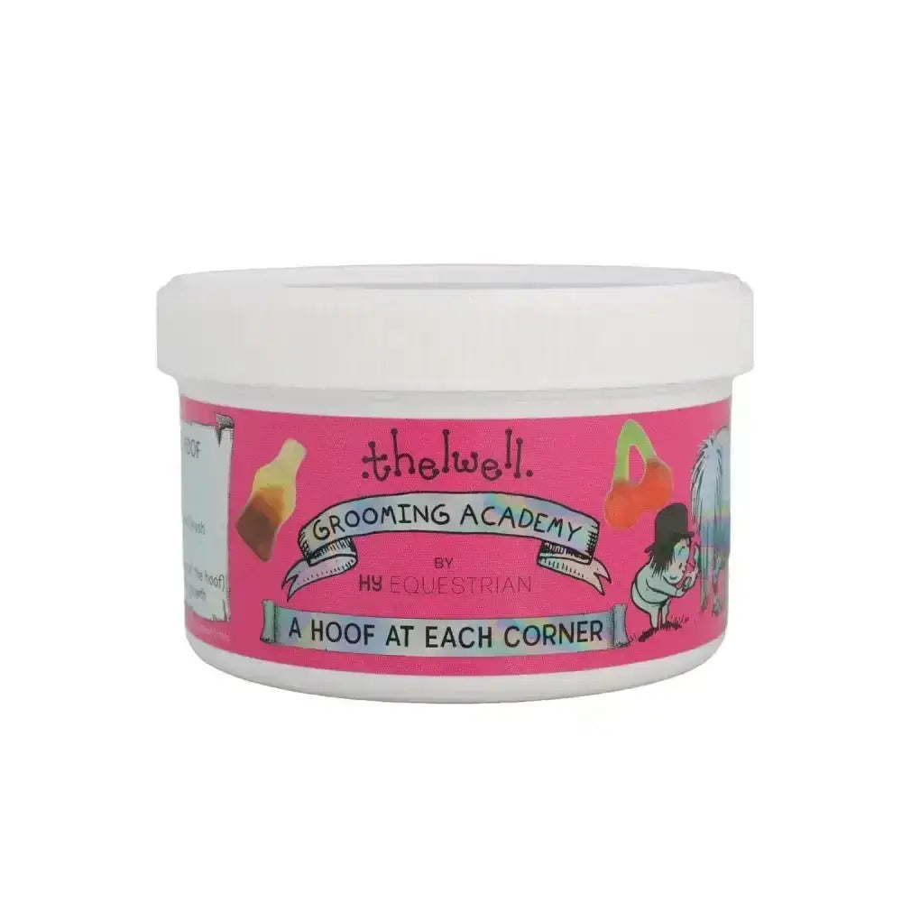 White plastic container with pink label of thelwell grooming academy cherry cola-tastic hoof ointment for horses