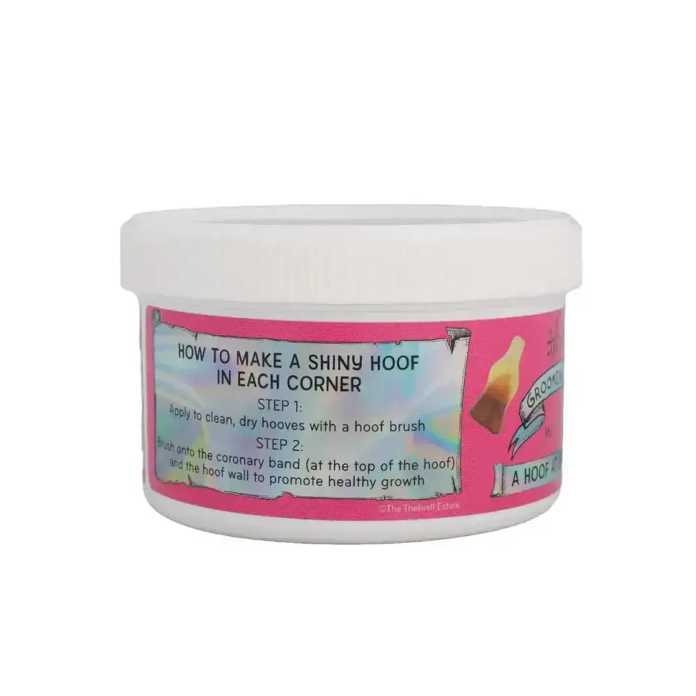Pink and white labeled thelwell grooming academy hoof ointment container in cherry cola-tastic scent for hoof care