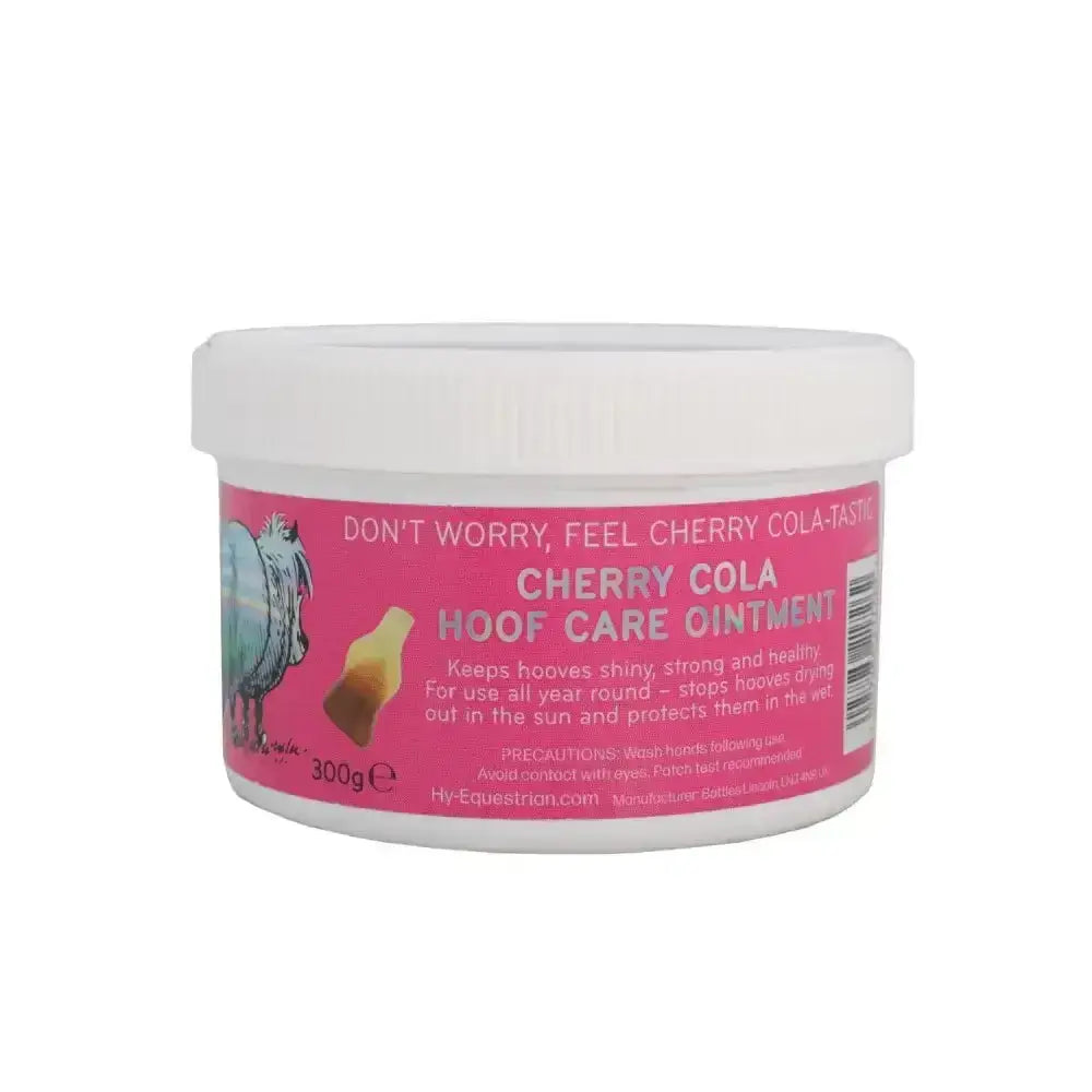 Pink labeled jar of thelwell grooming academy cherry cola-tastic hoof ointment with white lid 300g for hoof care