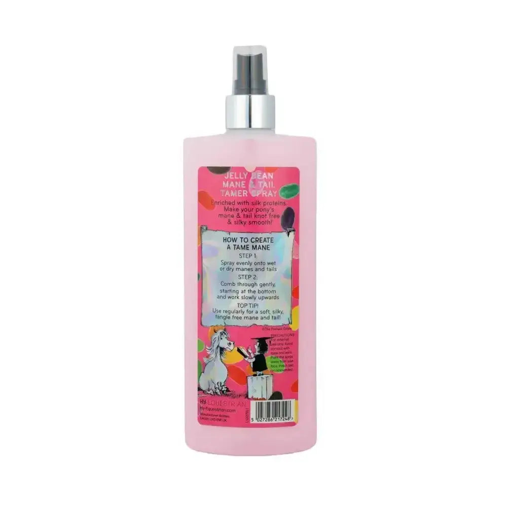 Pink plastic bottle with silver spray nozzle and colorful cartoon horses label for thelwell grooming academy express detangler bean happy spray