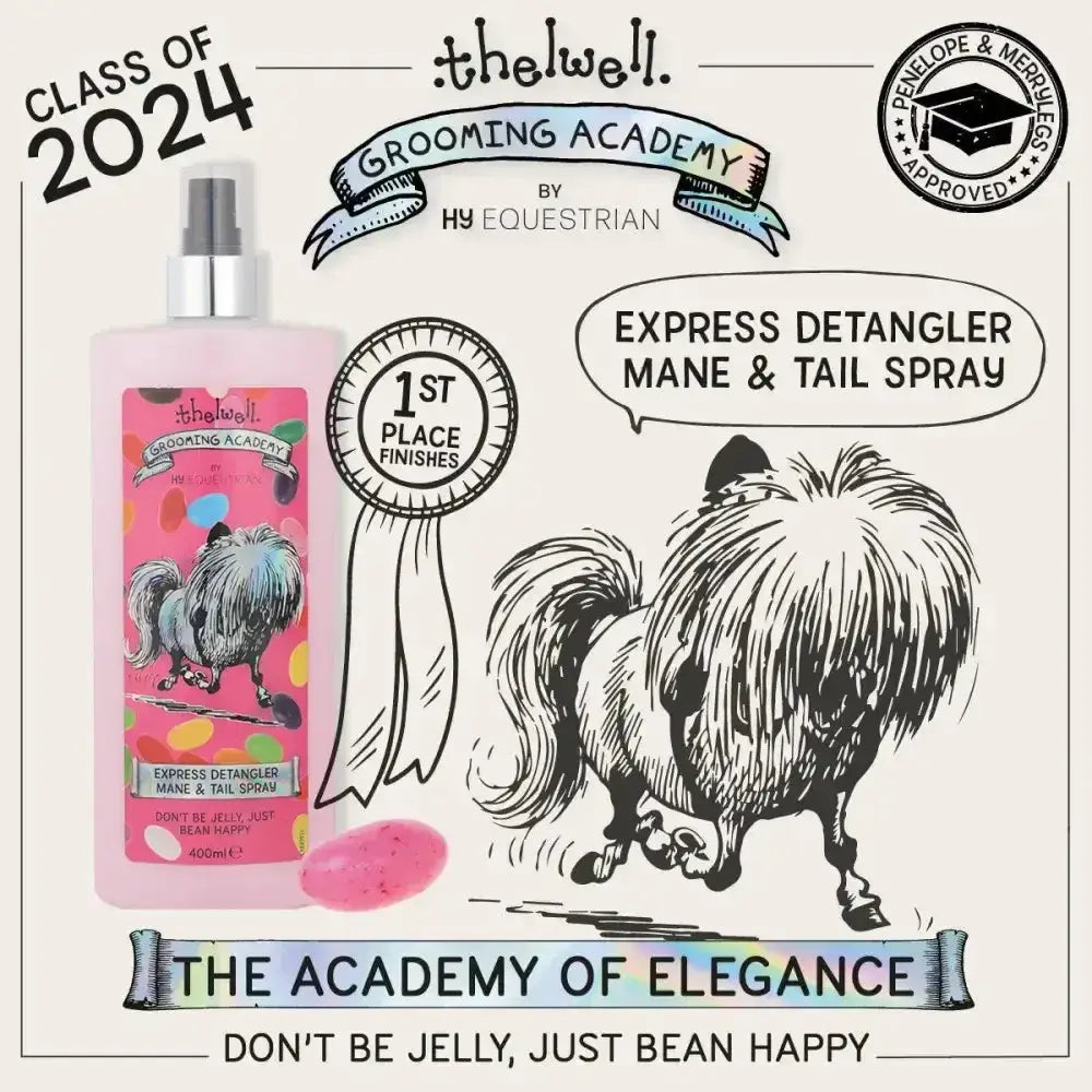 Pink plastic spray bottle with silver nozzle and colorful cartoon horse label for thelwell grooming academy express detangler