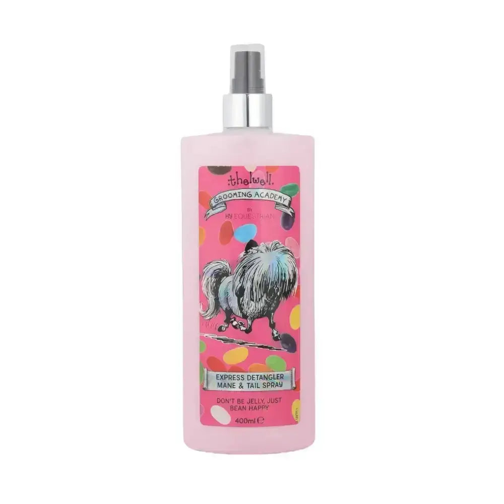 Pink plastic bottle of thelwell grooming academy express detangler spray with silver nozzle and dog illustration label bean happy