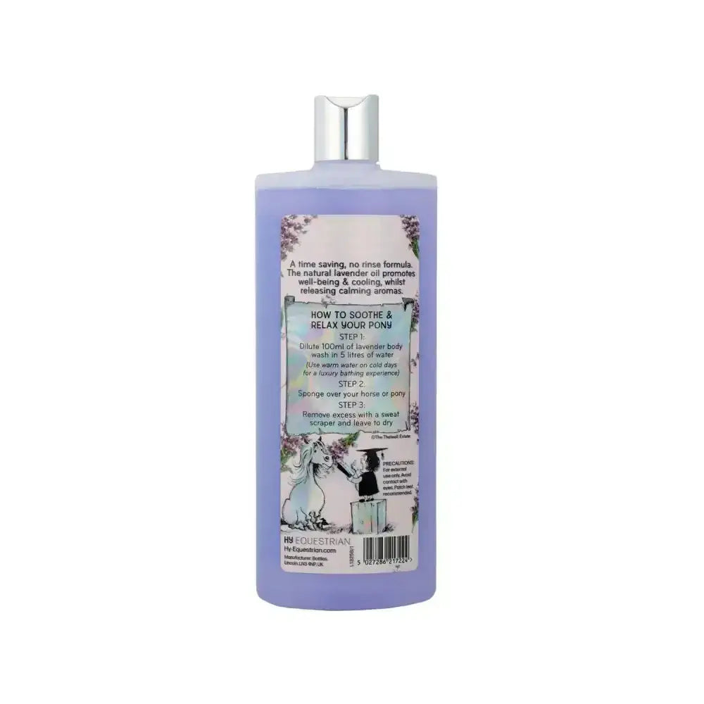 Lavender scented body wash in a translucent purple bottle with silver cap from thelwell grooming academy merrylegs therapy secret