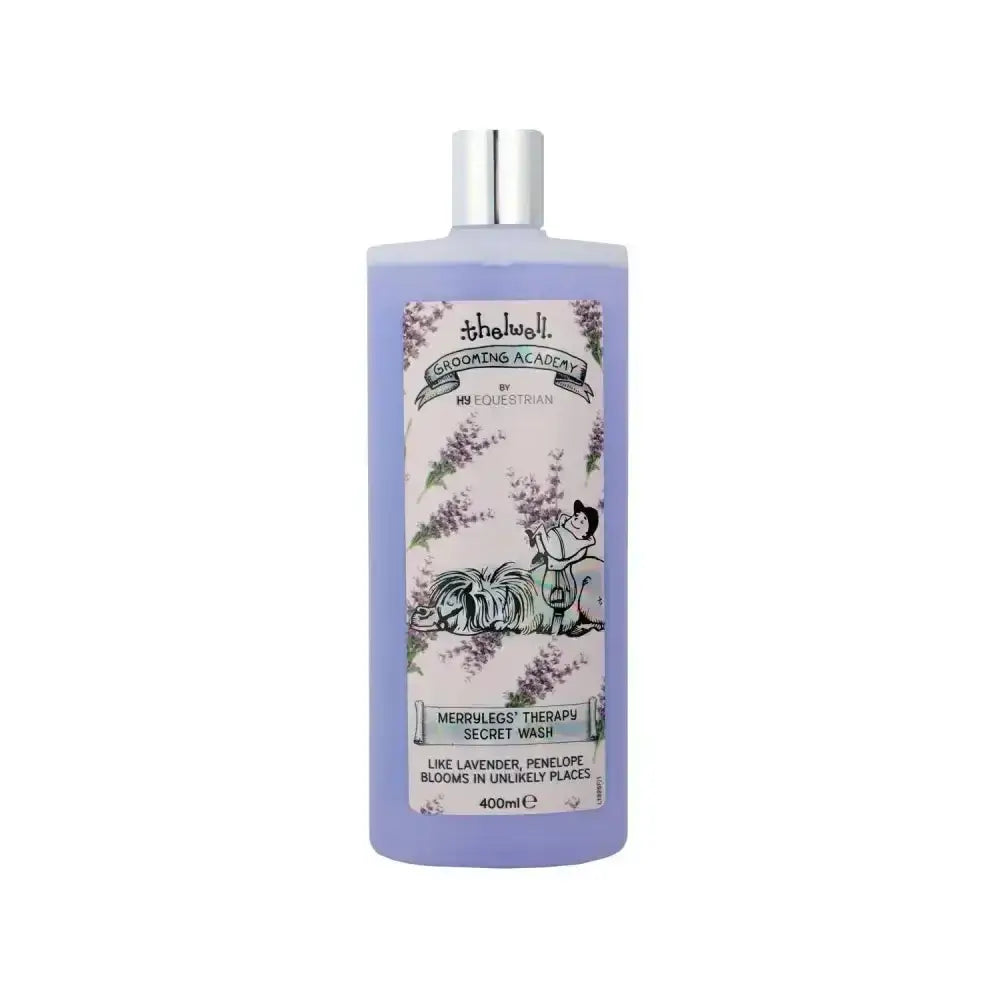 A lavender translucent plastic bottle of thelwell grooming academy merrylegs therapy secret wash with horse and rider label