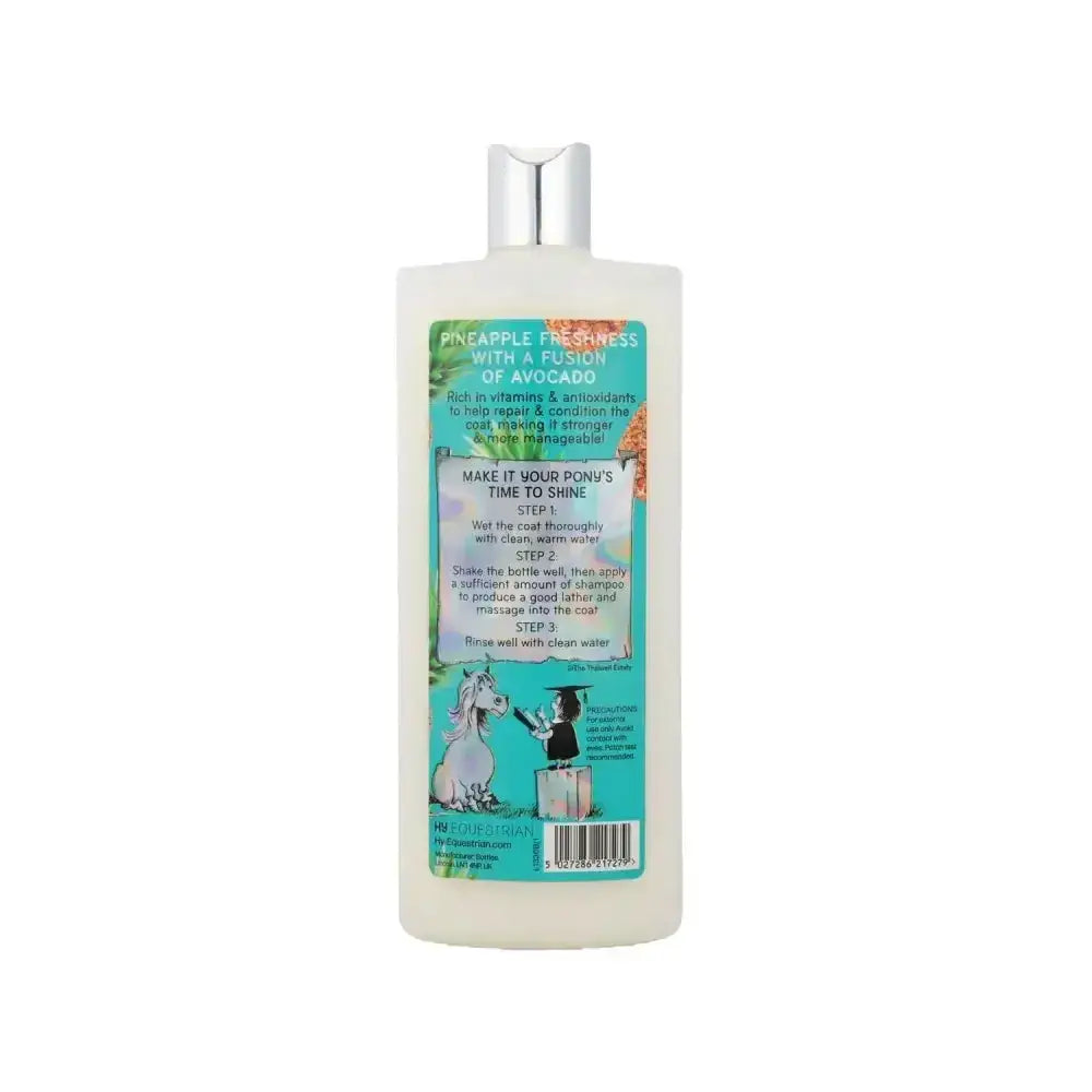 White plastic bottle with silver cap and teal pineapple avocado label of thelwell grooming academy merrylegs time shine shampoo for horses