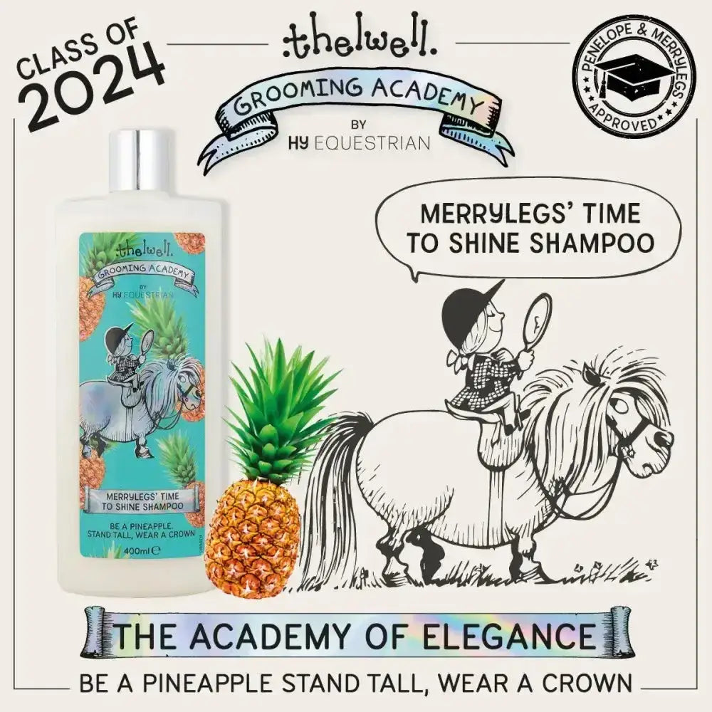 White plastic bottle with silver cap and turquoise label showing cartoon horse and rider for thelwell grooming academy merrylegs time to shine shampoo