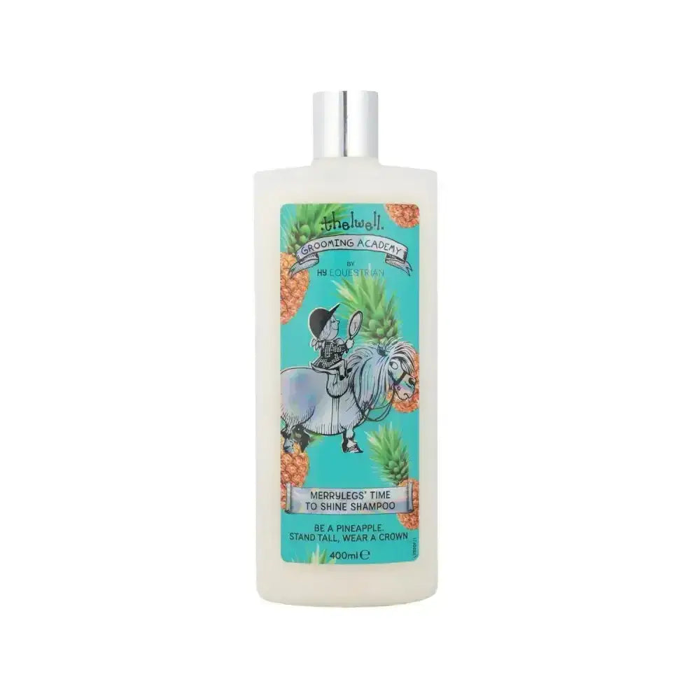 Thelwell grooming academy merrylegs time to shine shampoo in a translucent white bottle with turquoise label and silver cap