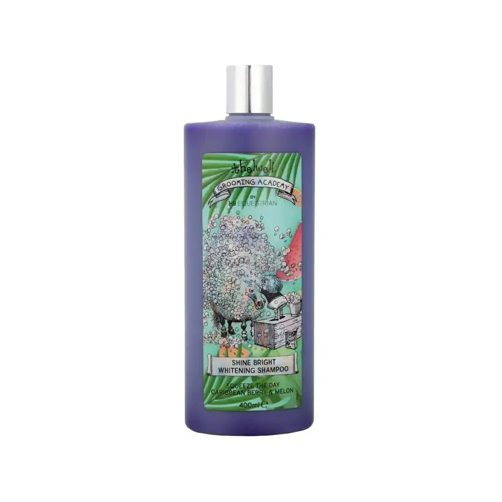 Purple plastic bottle of thelwell grooming academy shine bright whitening shampoo with silver cap and colorful cartoon label