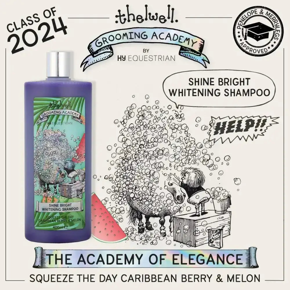 Purple bottle of thelwell grooming academy shine bright whitening shampoo with silver cap and tropical illustrated label
