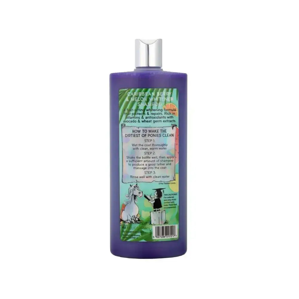 Purple plastic bottle of thelwell grooming academy shine bright whitening shampoo with silver cap and colorful label design