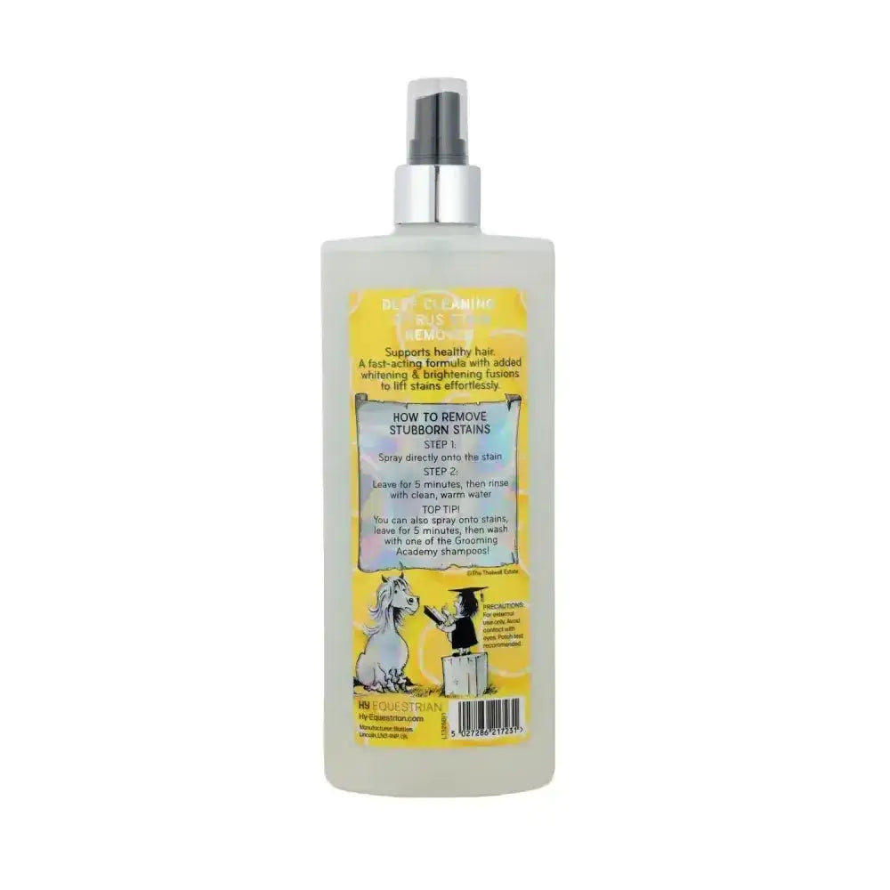 Clear plastic spray bottle with silver nozzle and yellow label from thelwell grooming academy for merrylegs stains removal