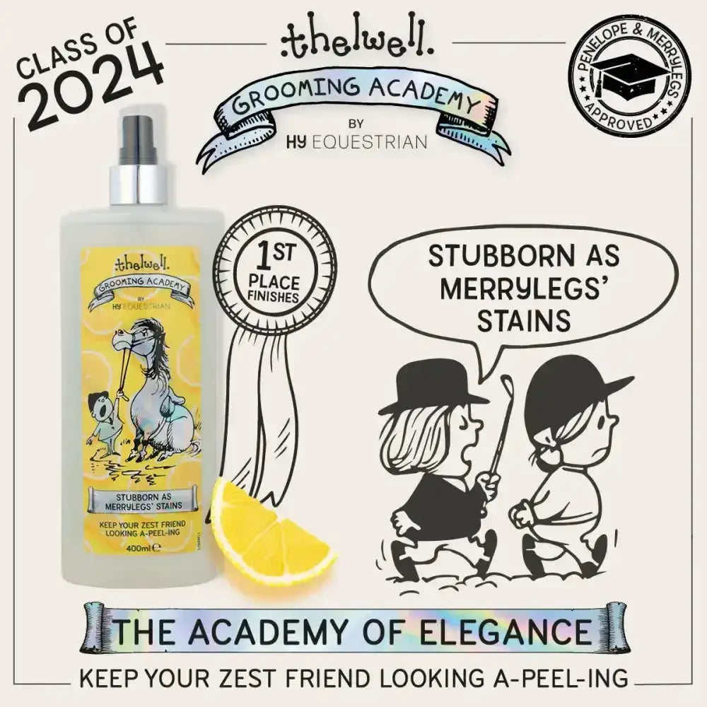 A clear spray bottle with silver nozzle from thelwell grooming academy for stubborn merrylegs stains and zest friend care