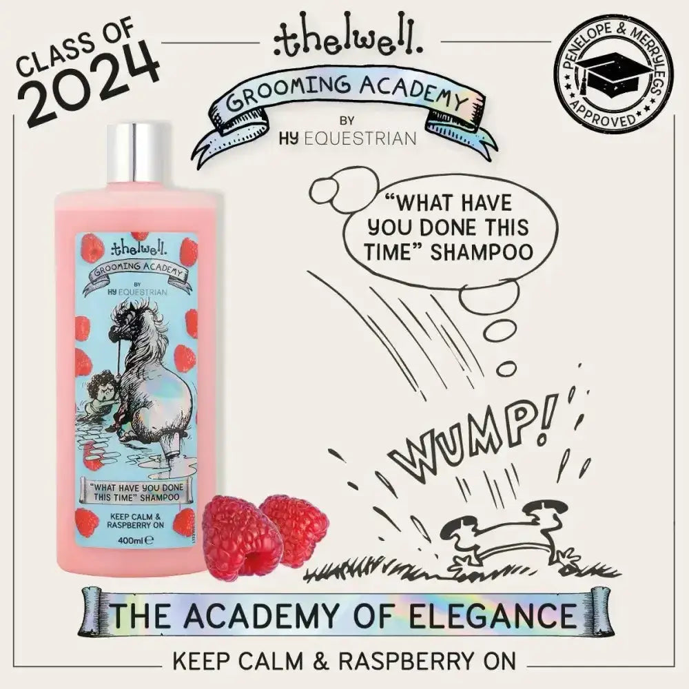 Pink plastic bottle of thelwell grooming academy what have you done this time shampoo by the well for easy grooming care