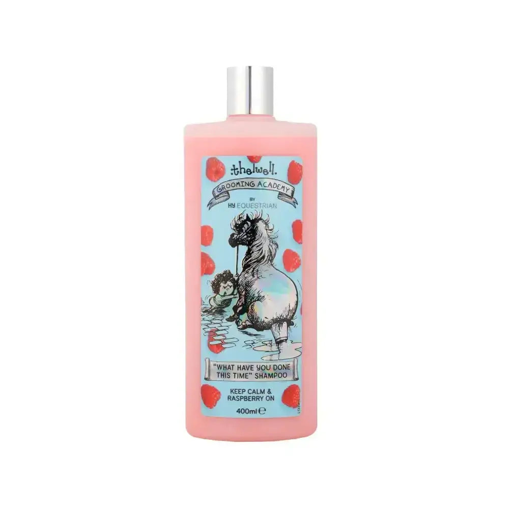Pink plastic bottle of thelwell grooming academy what have you done this time shampoo with horse and child cartoon label