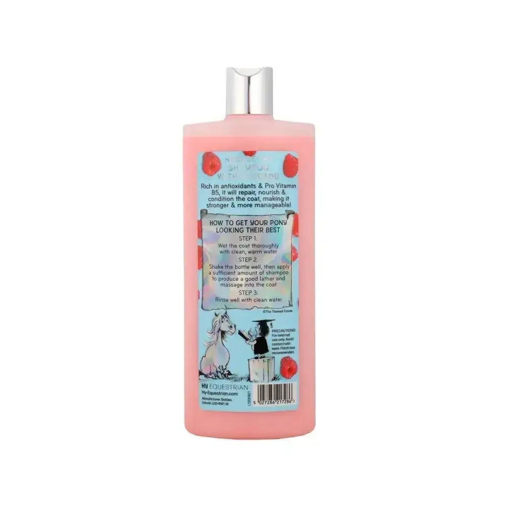 Pink plastic bottle of thelwell grooming academy what have you done this time shampoo with silver cap and cartoon label
