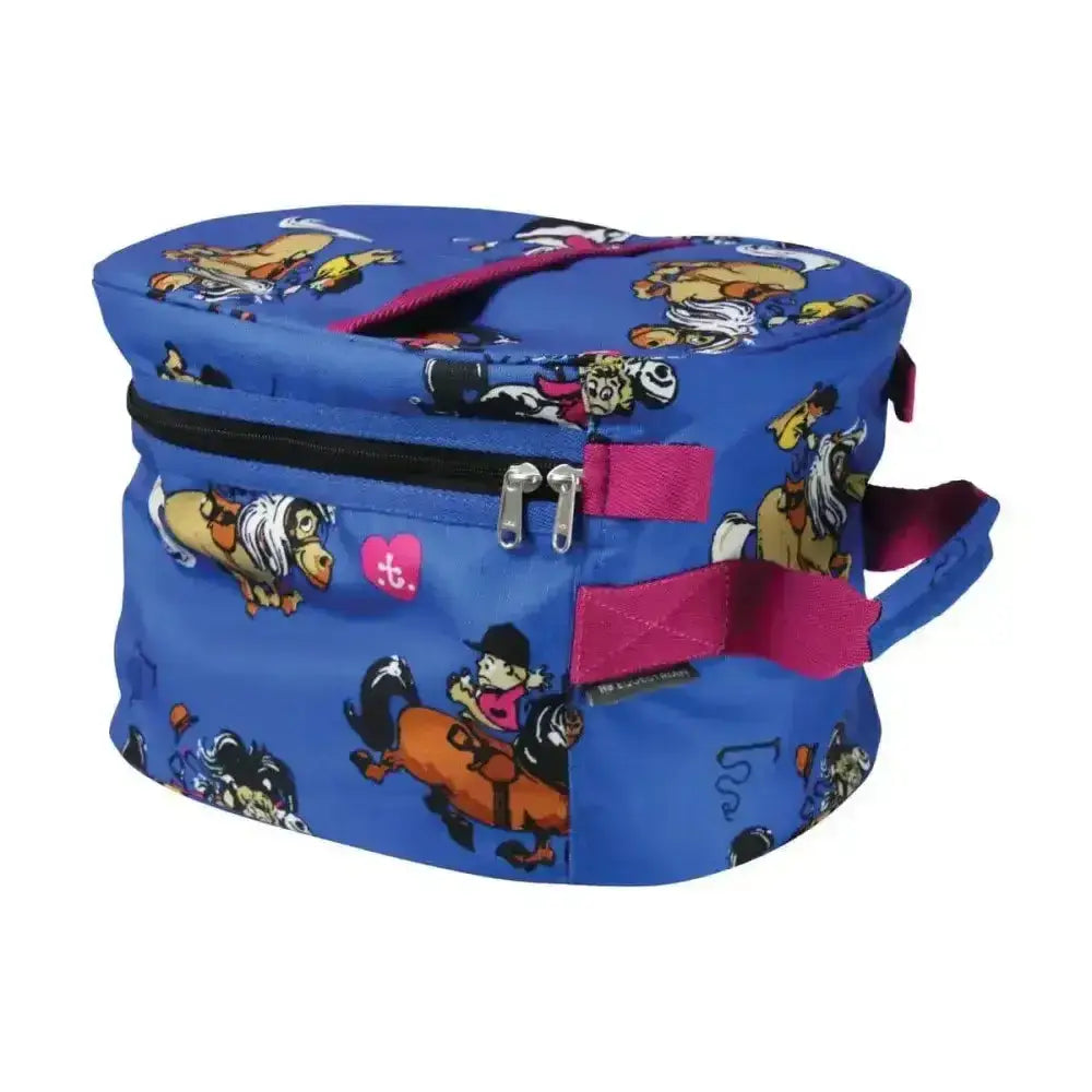 Blue horse-themed fabric thelwell hat bag with pink accents from equestrian thelwell collection race riding hat bag