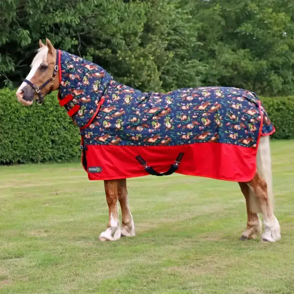 Navy blue and red floral thelwell rugs stormx original versatile mediumweight turnout with adjustable straps for secure fit