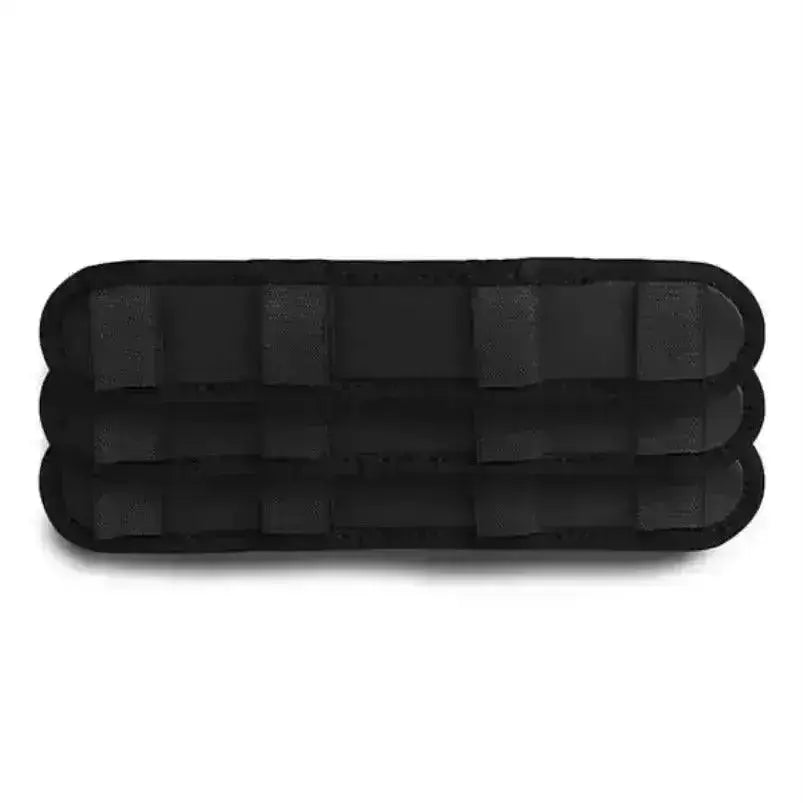 Black rectangular weight plate with textured surface shown with thinline padded halter fleece bridle wraps 3 piece set