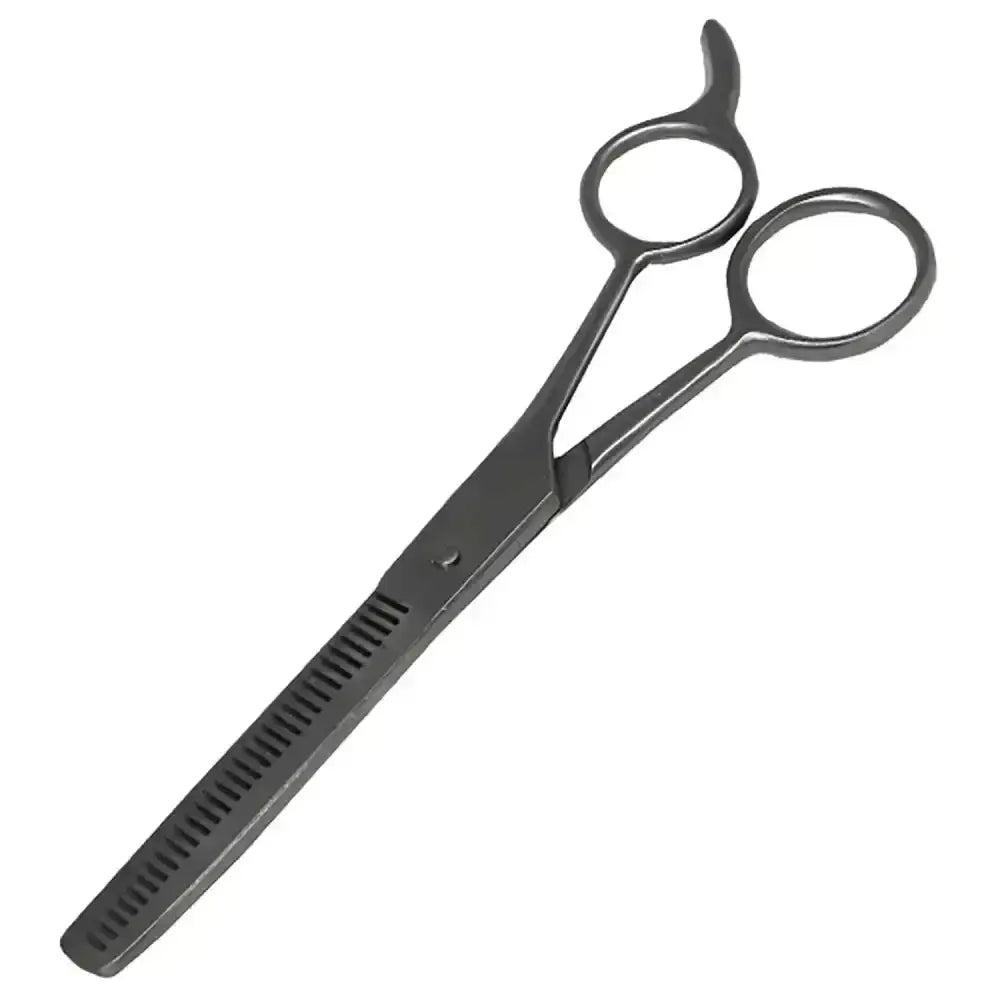 Black metal stainless steel thinning scissors with serrated blades for precise hair styling and horse clippers use