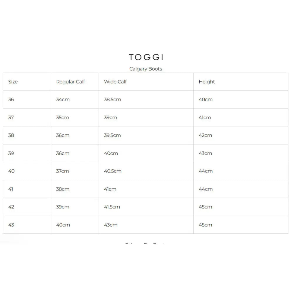 Toggi calgary riding boots size chart showing regular and wide nu-buck leather calf widths with height in cm