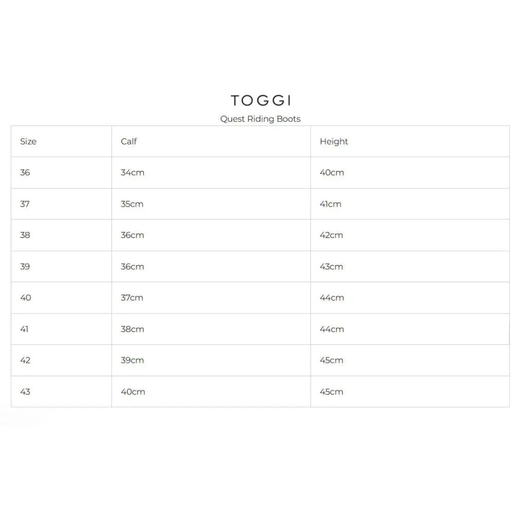 Toggi quest riding boots size chart showing calf and height measurements for each shoe size with elasticized quarter panel