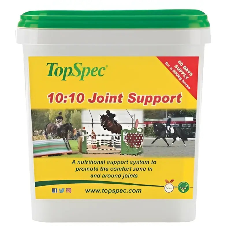 Topspec 10 10 joint supplement in a white plastic tub with green lid as a comprehensive feed balancer