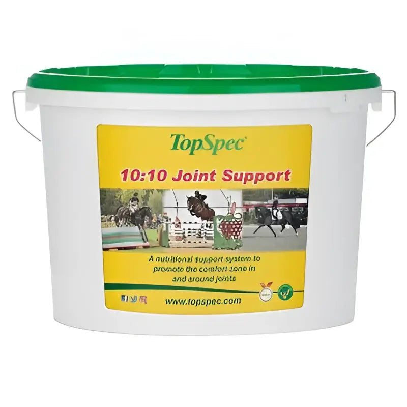 White plastic bucket with green lid and yellow label of topspec 10:10 joint supplement for comprehensive feed balancer