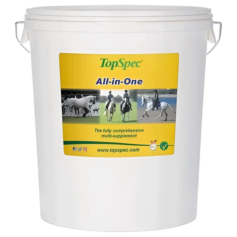 White plastic bucket with yellow label showing topspec all-in-one supplement for horses broad-spectrum specialised supplements