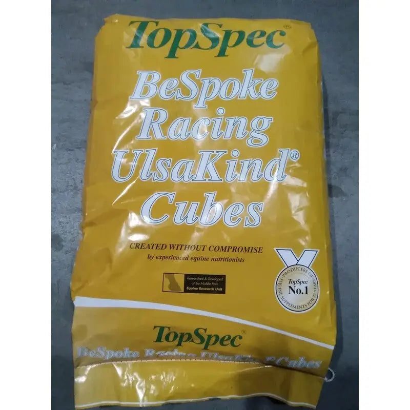 Yellow plastic bag of topspec bespoke racing ulsakind cubes horse feed for performance and nutrition 20kg