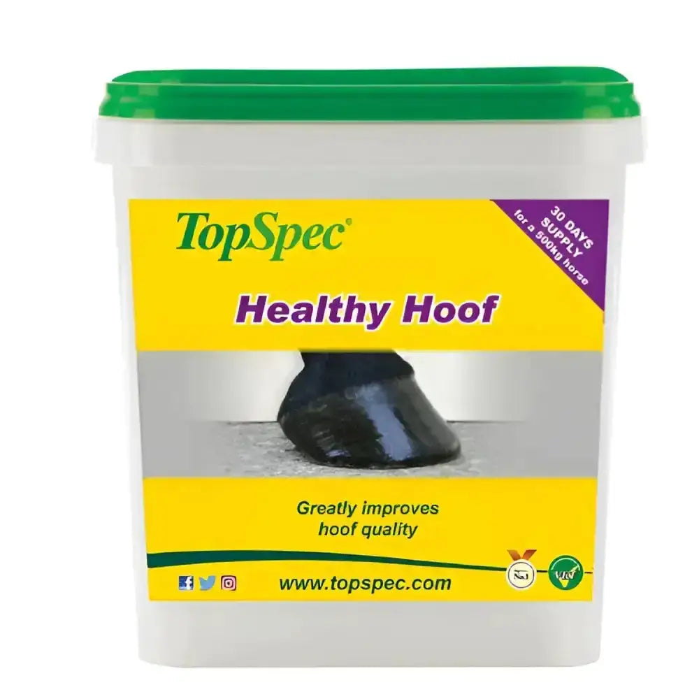 Topspec healthy hoof supplement in a white plastic tub with green lid and yellow label to improve hoof quality