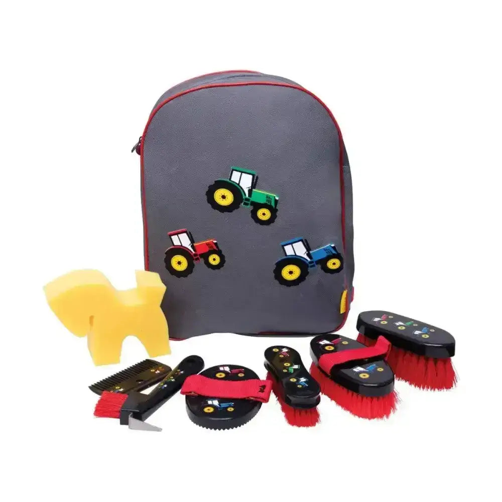 Gray backpack with red trim and colorful tractor appliqués from little knight tractor collection complete grooming kit rucksack for tractor lovers