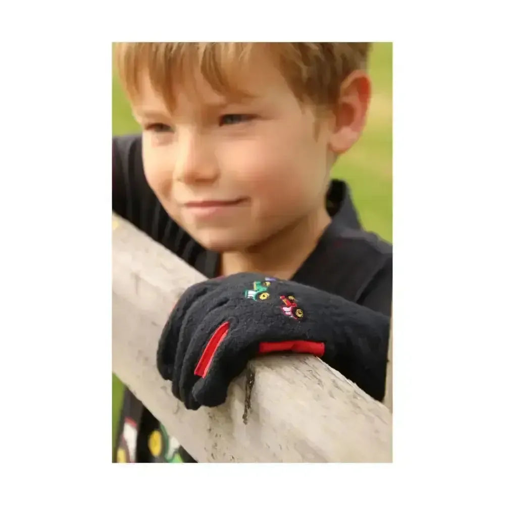 Tractor Collection Fleece Gloves by Little Knight Grey/Red Child Medium Riding Gloves