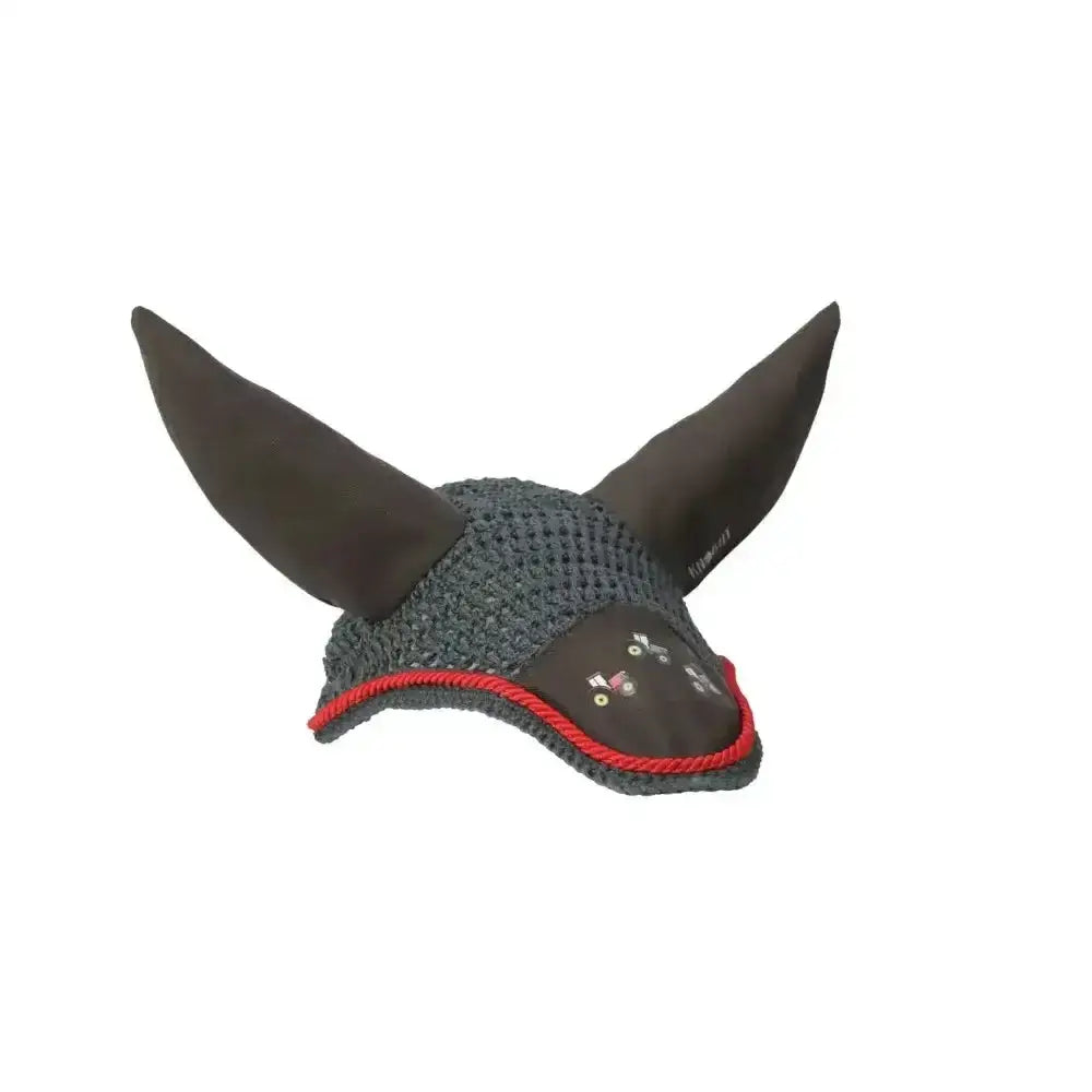 Dark gray knitted fly veil with black padded ears and red trim from little knights tractor collection fly veil