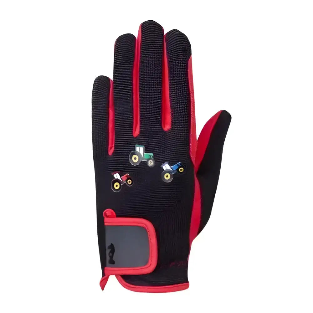 Black kids tractor collection gloves with red trim back view featuring embroidered tractors amara grip palms reinforced rein fingers