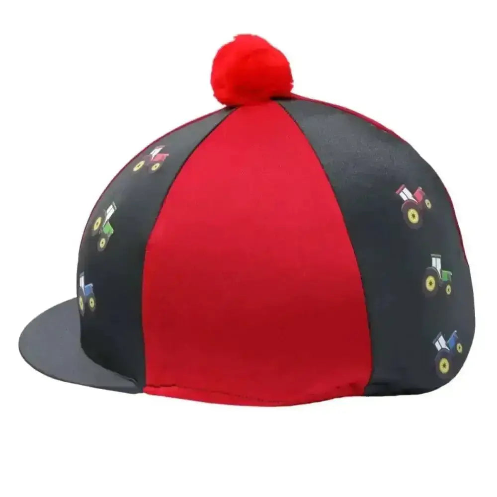 Red and black tractor collection hat cover with tractor prints and red pom-pom by little knight