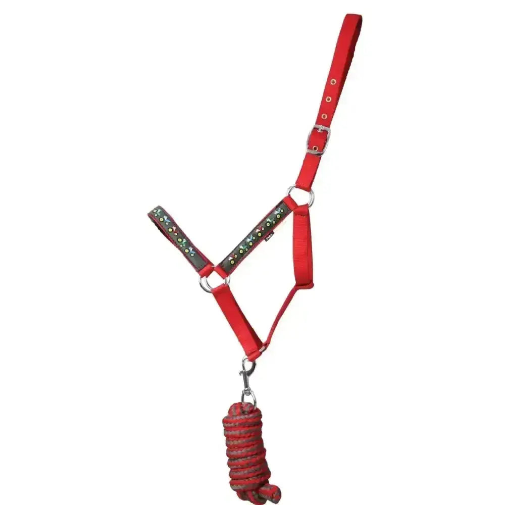Red horse tractor collection head collar with funky red head and green silver studded straps plus matching lead rope