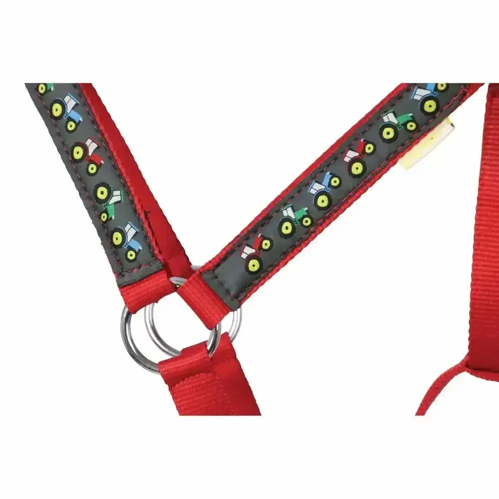 Red harness with black straps and colorful tractor prints from tractor collection head collar set little knight