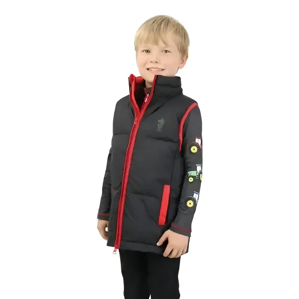 Black padded gilet from little knight tractor collection with red zipper and colorful tractor decals on sleeves