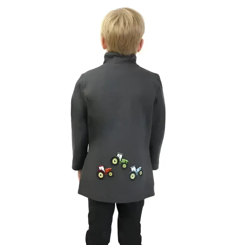 Dark gray tractor collection sweatshirt for kids with colorful tractor appliqués on the back and zip bound edges