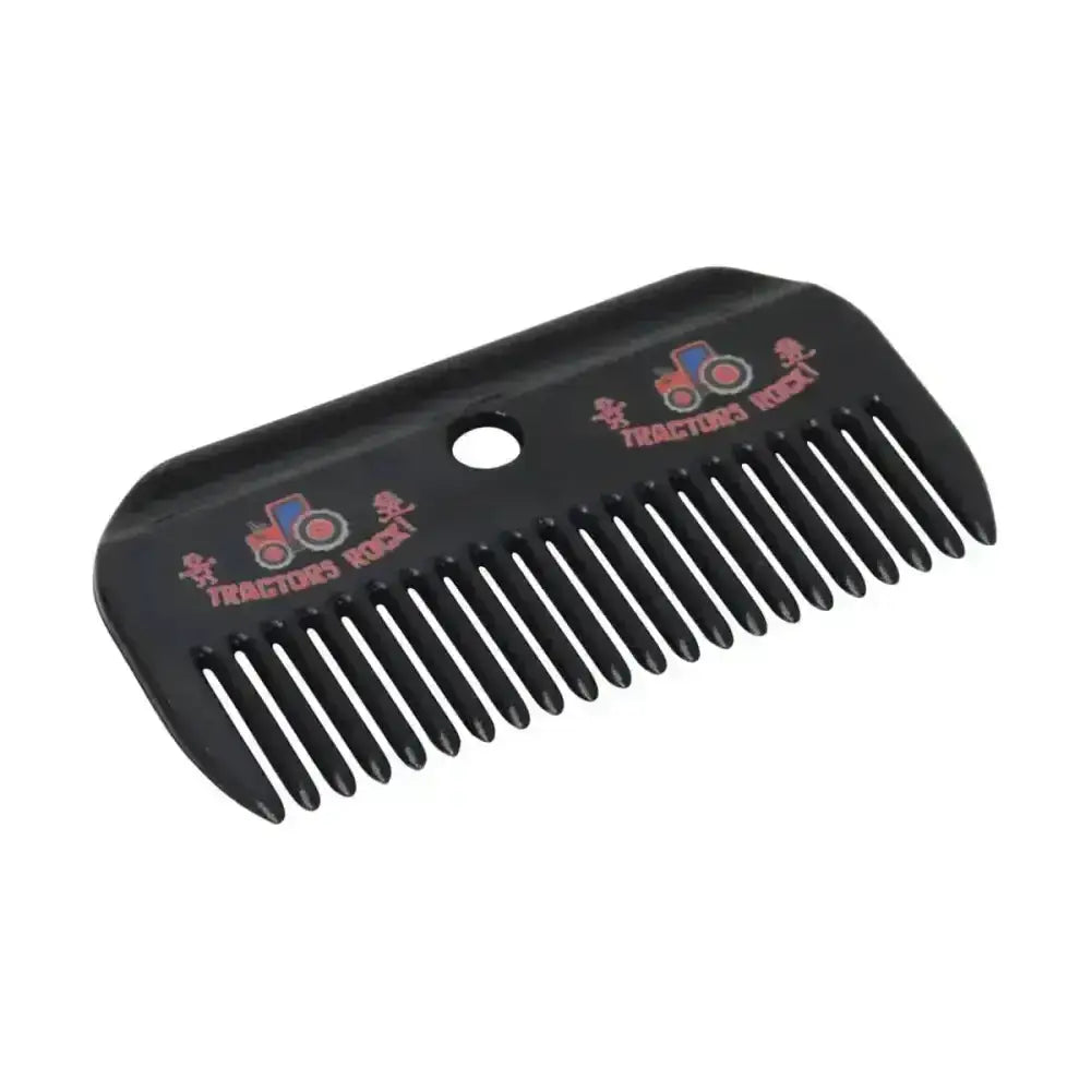 Black plastic mane comb with colorful tractor print and tractors rock logo for equestrian plastic mane care