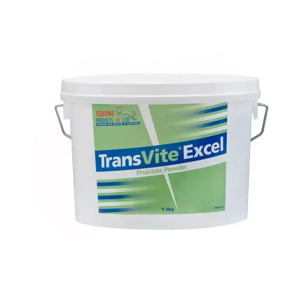 White plastic bucket of transvite excel probiotic powder with green and blue label featuring saccharomyces cerevisiae organisms