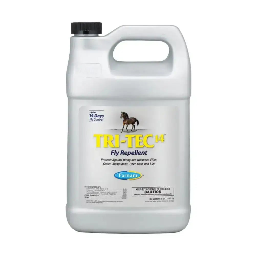 White plastic jug of tri-tec 14 refill insecticidal spray kills stable flies and deer flies for horses