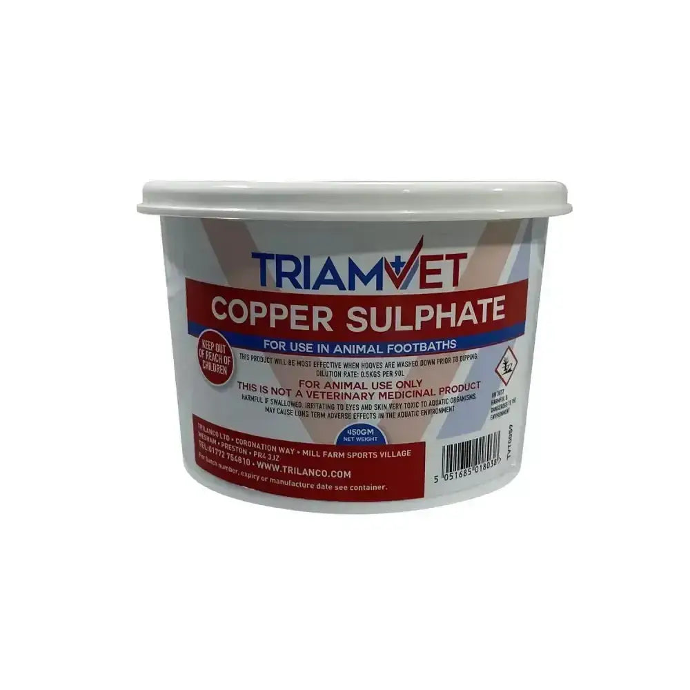A white plastic tub of triamvet copper sulphate with red and blue labeling for animal footbaths using copper sulphate