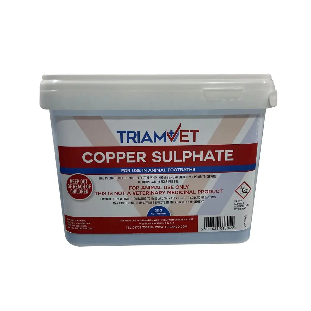 White plastic container with red and blue label of triamvet copper sulphate for animal footbaths use